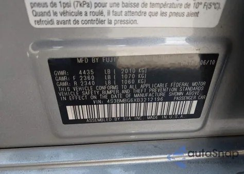 2011 Subaru Legacy 2.5I Premium from USA, damaged, VIN 4S3BMBG6XB3212196